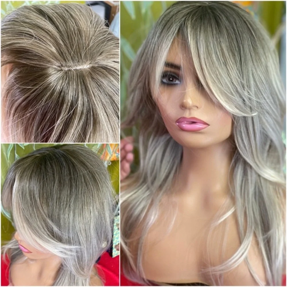 grey blonde long layered wig curtain bangs